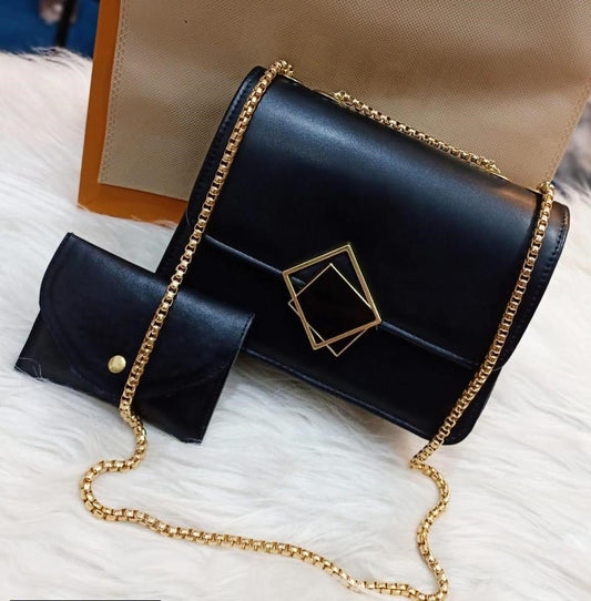 2 Pcs PU Leather Hand Bag With Long Golden Chain For Girls