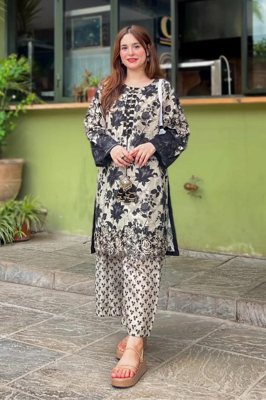 Printed Kaddar Women's Suit -3 Pcs Ensemble in Black & beige
