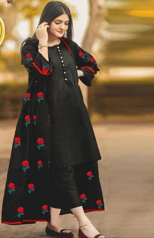 3 Pcs Women's Stitched silk Emboridered Gown Suit