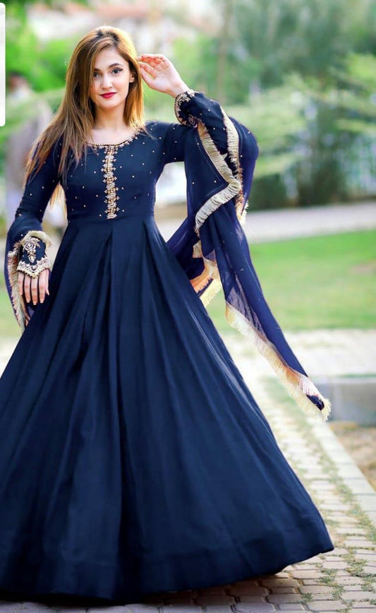 Chic Blue Chiffon Maxi Suit -3 Pcs Ensemble